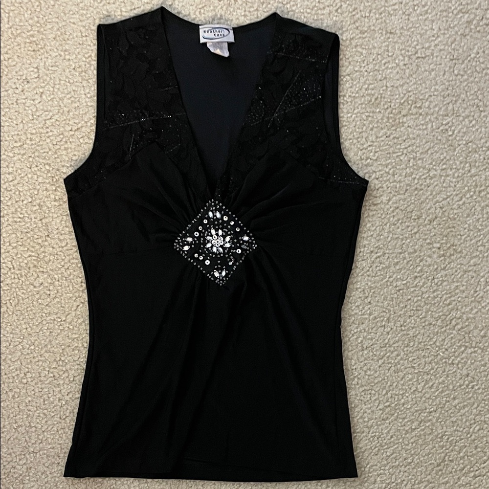 Vintage Weather Vane Black Embellished V-Neck Tank Top, Size L